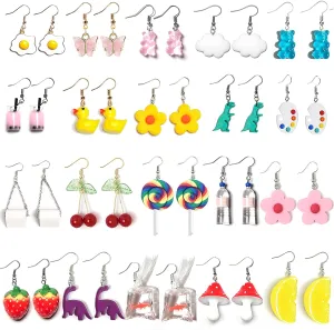 20 Pairs Weird Earrings Funny Earrings Gummy Bear Duck Water Bottle Fish Dinosaur Mushroom Butterfly Strawberry Dangle Earrings Set for Women Girls