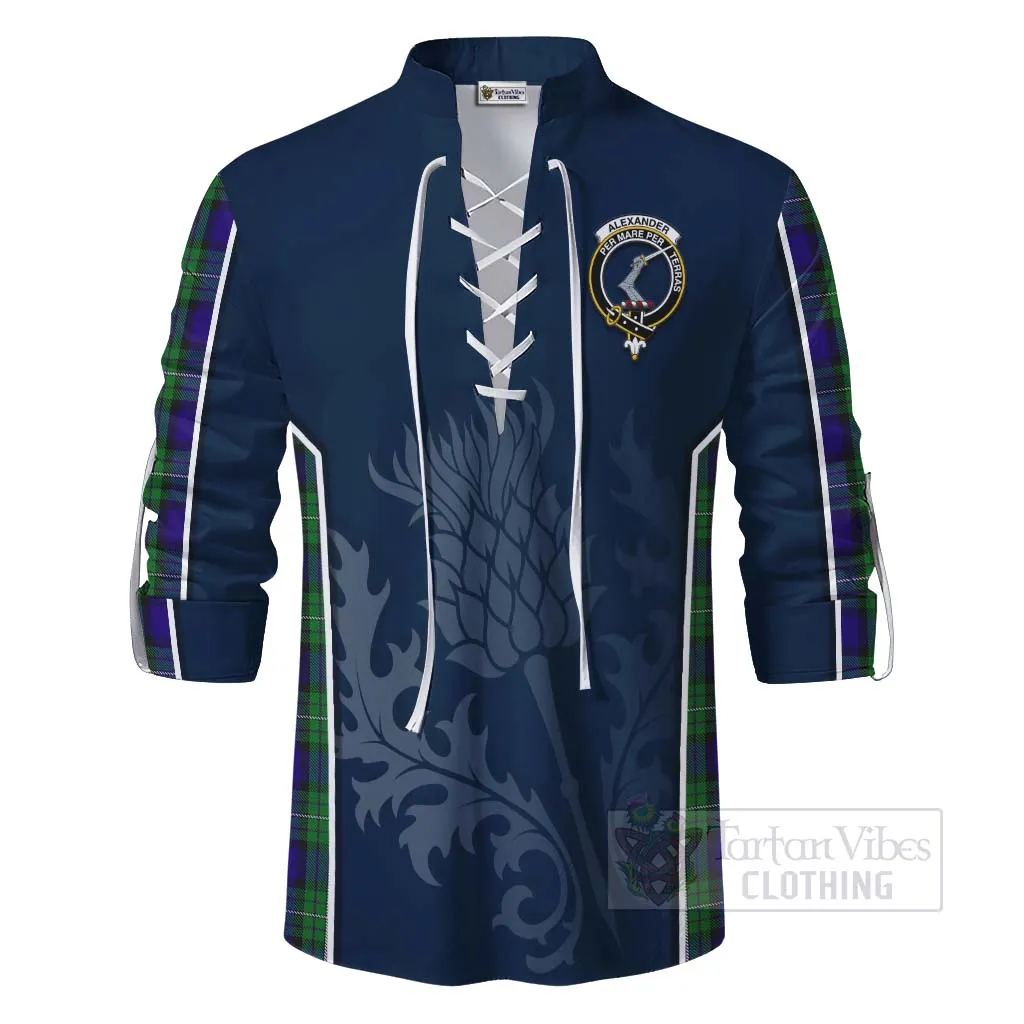 Alexander Tartan Ghillie Kilt Shirt with Family Crest and Scottish Thistle Vibes Sport Style