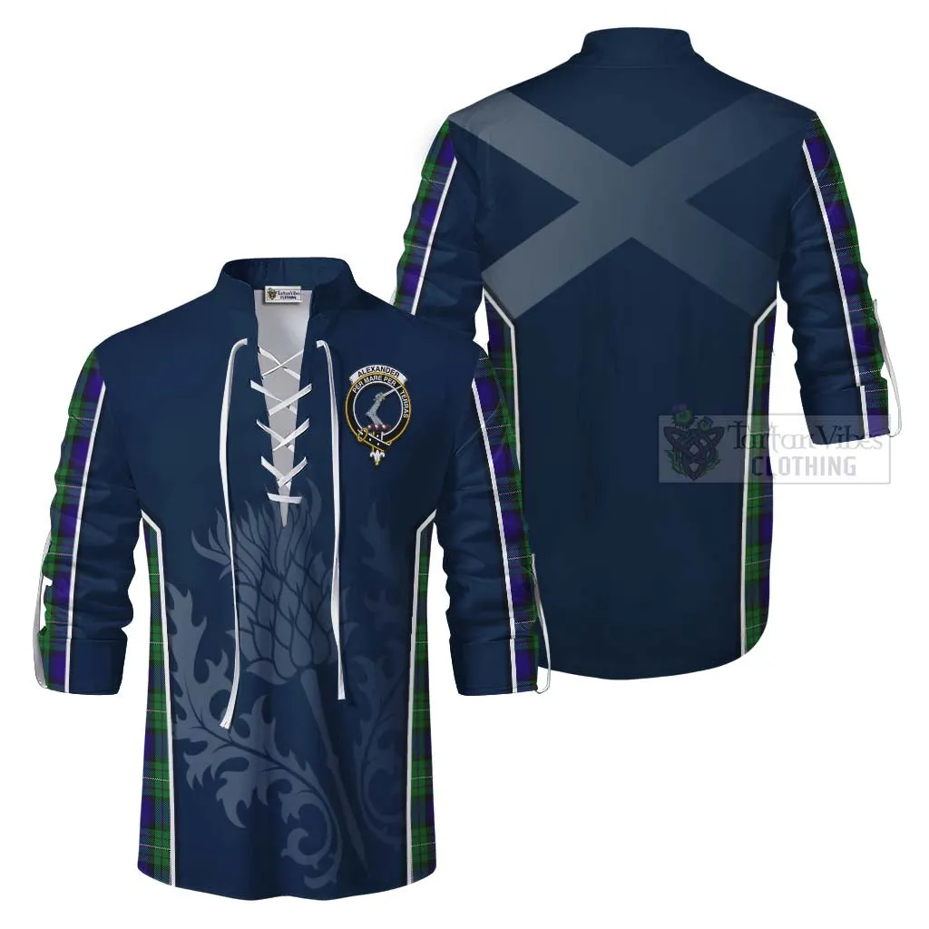 Alexander Tartan Ghillie Kilt Shirt with Family Crest and Scottish Thistle Vibes Sport Style