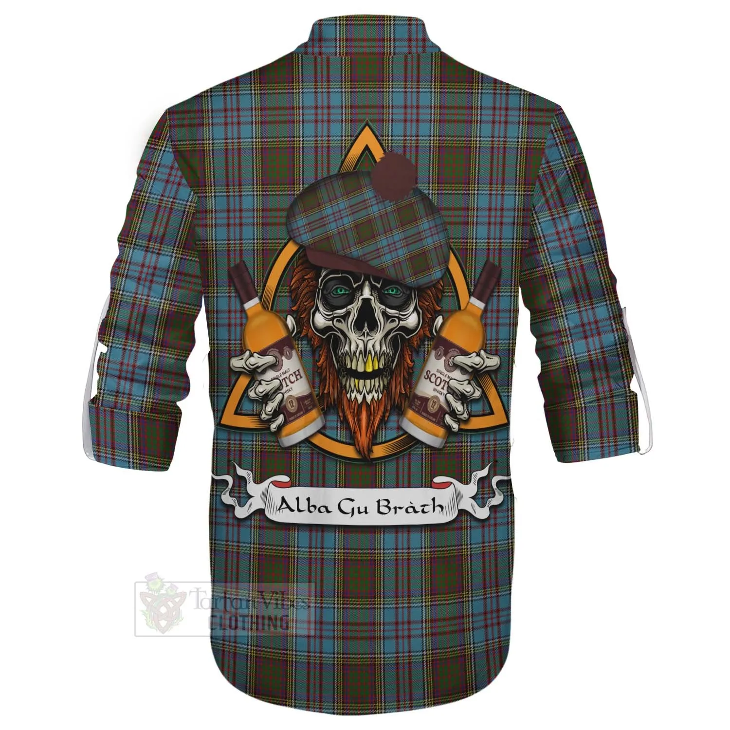 Anderson Tartan Ghillie Kilt Shirt with Family Crest and Bearded Skull Holding Bottles of Whiskey
