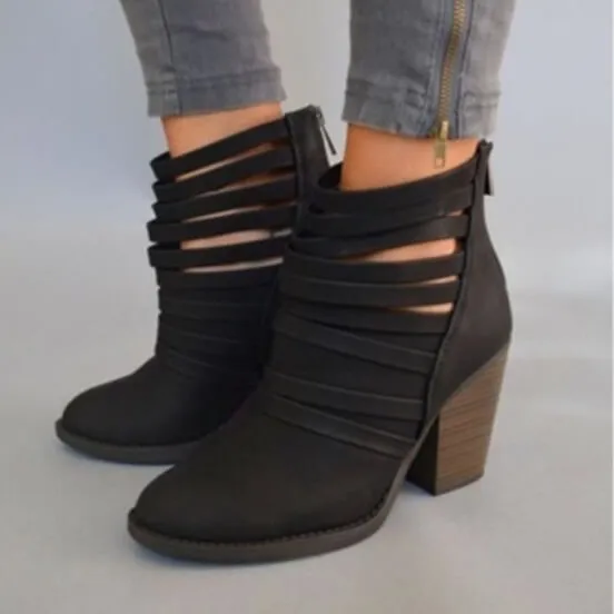 Ankle Chunky High Heel Cut Out Boots