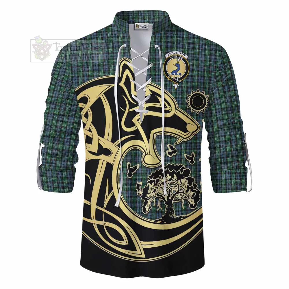 Arbuthnot Tartan Ghillie Kilt Shirt with Family Crest Celtic Wolf Style
