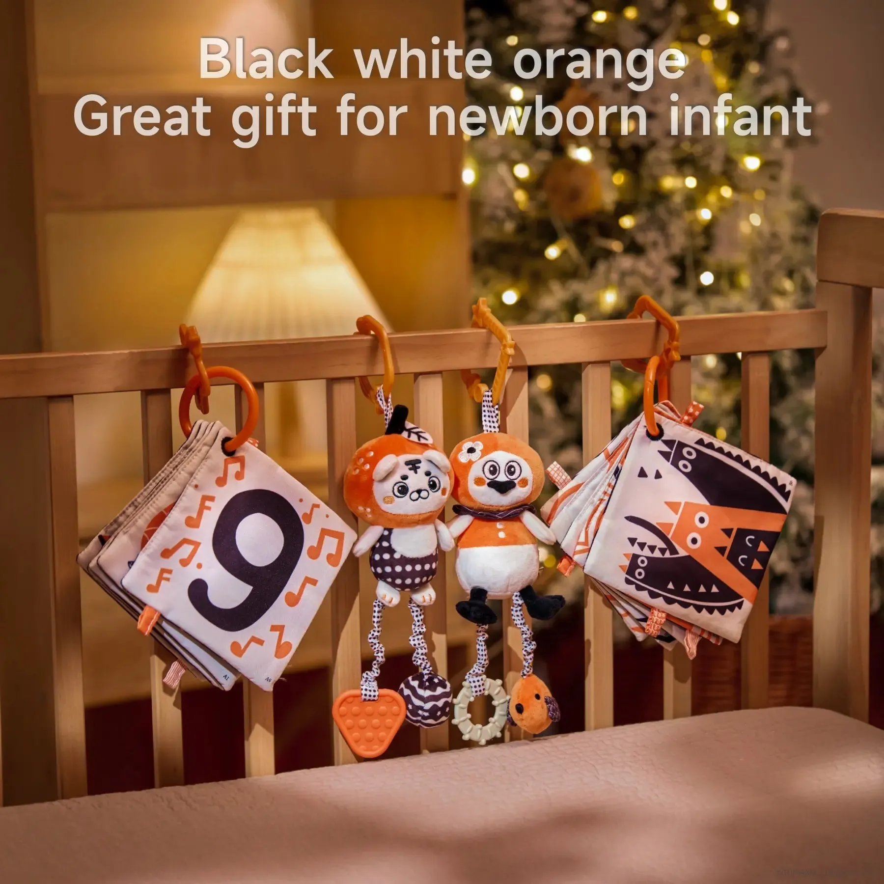 Baby toy high contrast black and white hanging toy crinkle flashcards, crib car seat stroller hanging tiger and duck toy for infants 0 month 
