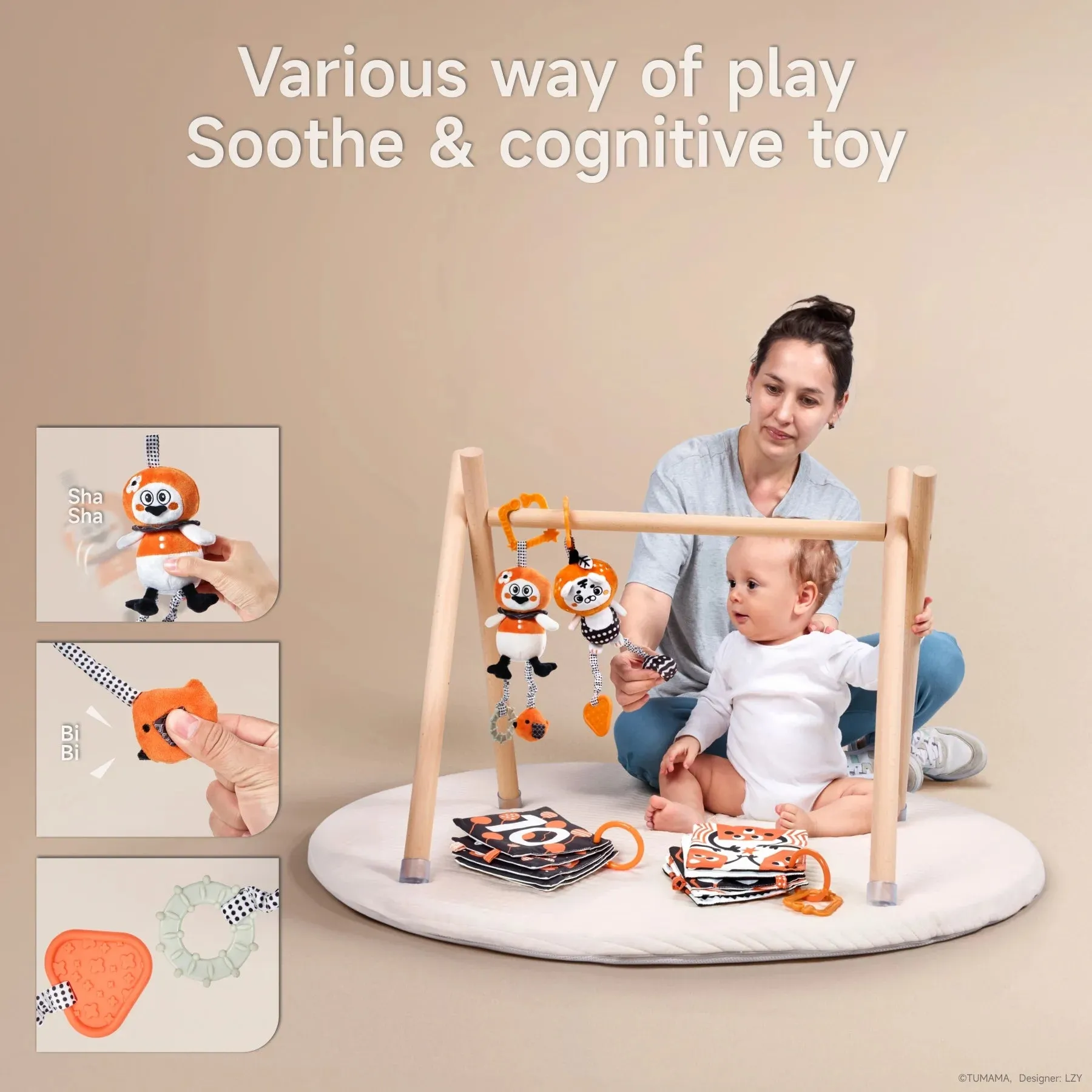 Baby toy high contrast black and white hanging toy crinkle flashcards, crib car seat stroller hanging tiger and duck toy for infants 0 month 