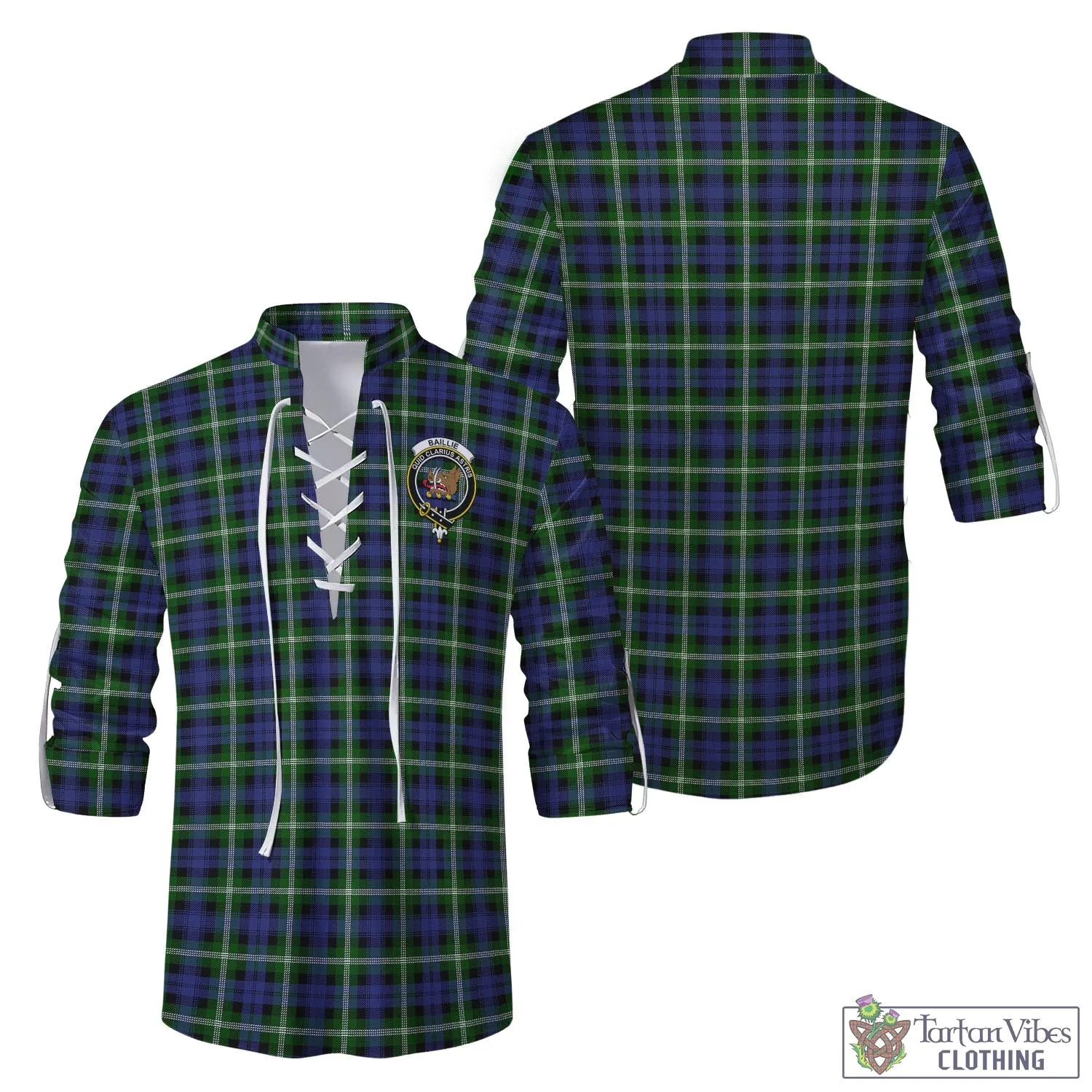 Baillie (Bailey) Tartan Men's Scottish Traditional Jacobite Ghillie Kilt Shirt with Family Crest