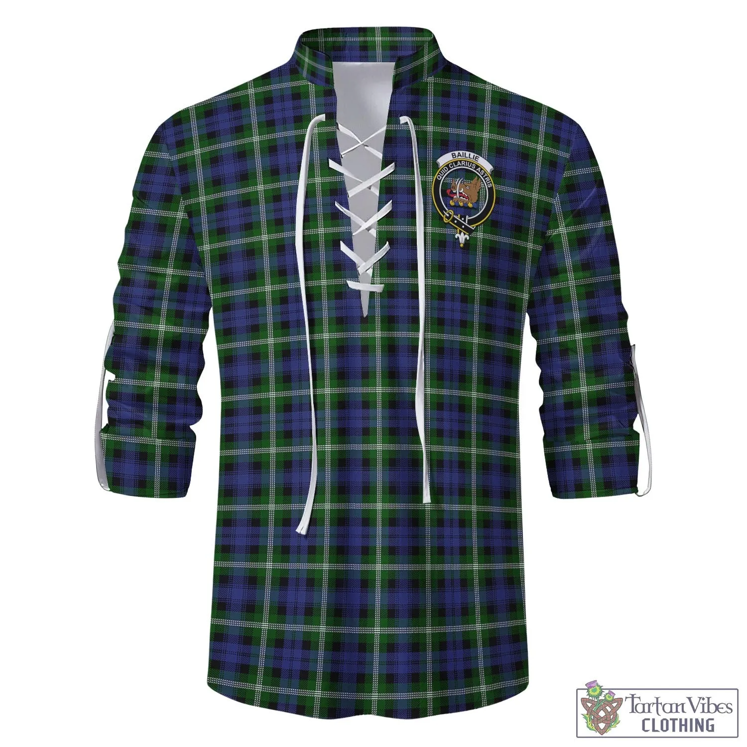 Baillie (Bailey) Tartan Men's Scottish Traditional Jacobite Ghillie Kilt Shirt with Family Crest