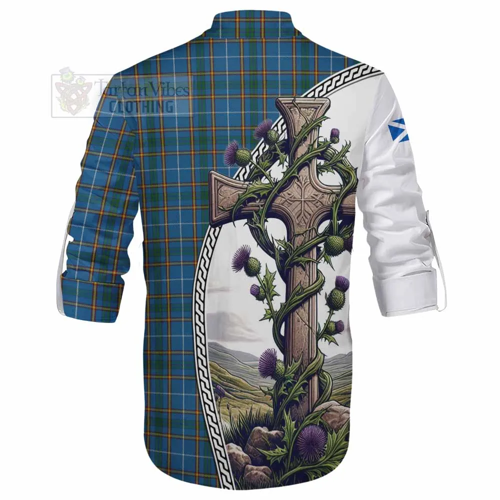 Bain Tartan Ghillie Kilt Shirt with Family Crest and St. Andrew's Cross Accented by Thistle Vines