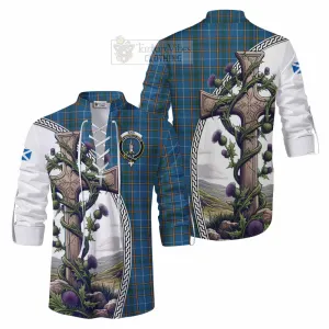 Bain Tartan Ghillie Kilt Shirt with Family Crest and St. Andrew's Cross Accented by Thistle Vines