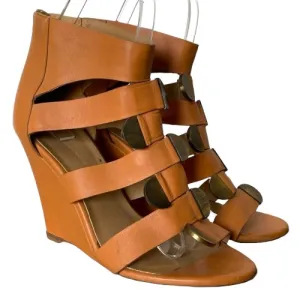 BALENCIAGA Camel Leather Strappy Gladiator Bronze Buckle Wedge Sandals, Size 40
