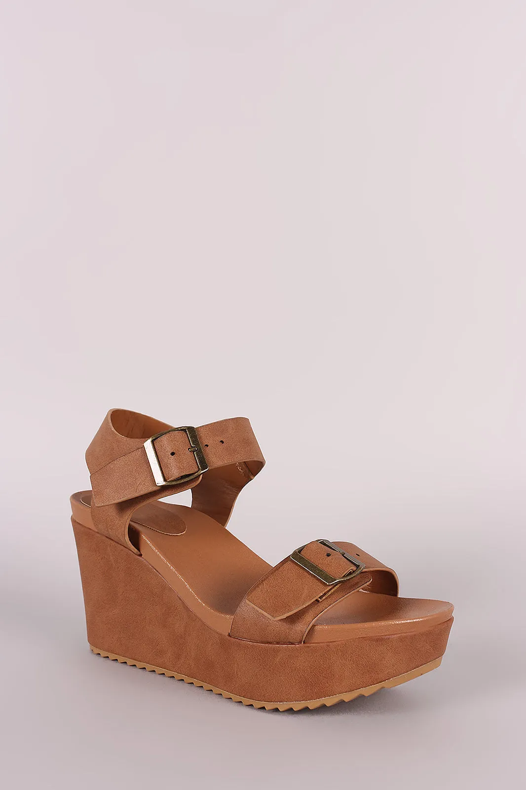 Bamboo Leather Double Buckle Open Toe Wedge