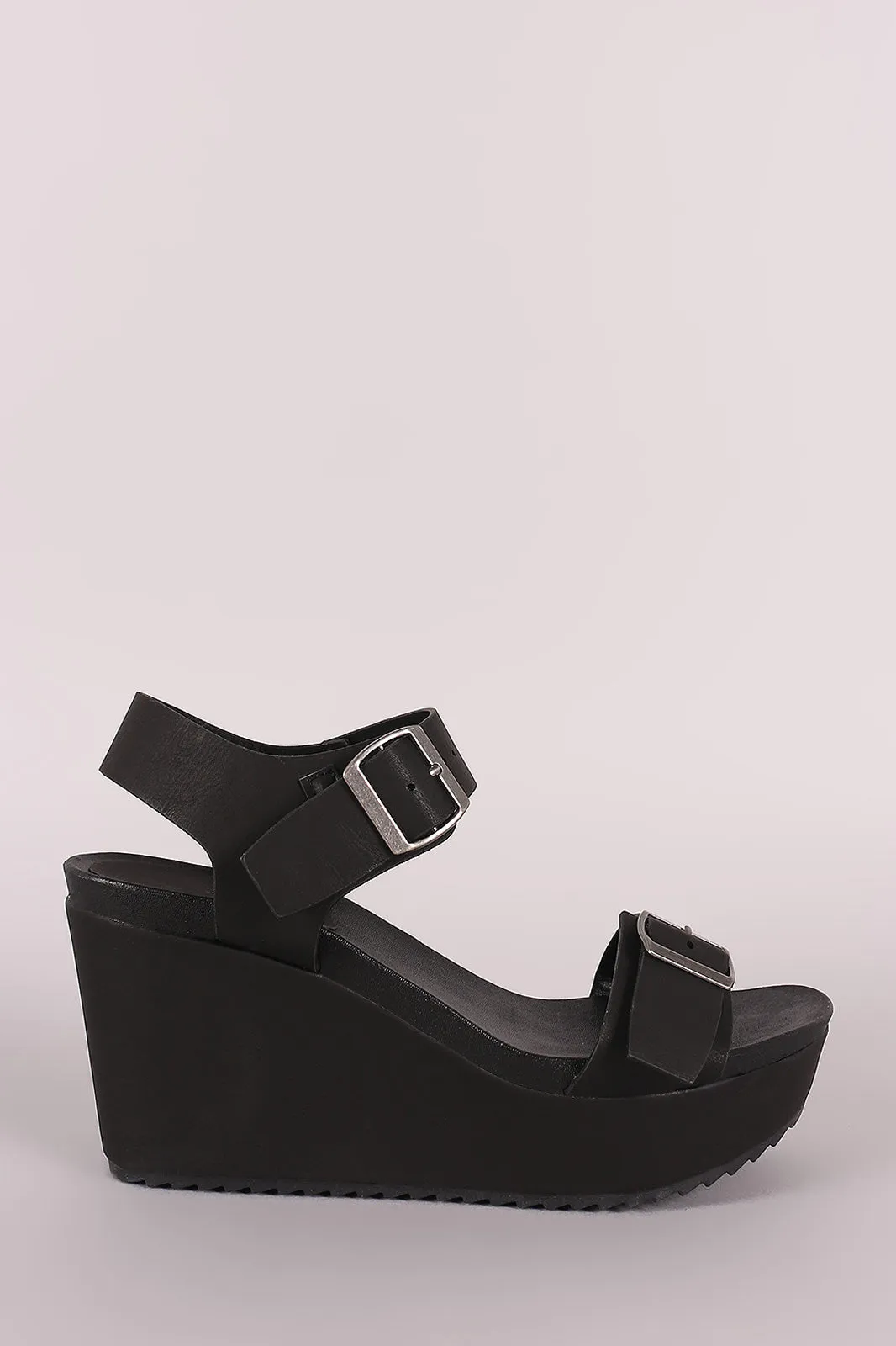 Bamboo Leather Double Buckle Open Toe Wedge