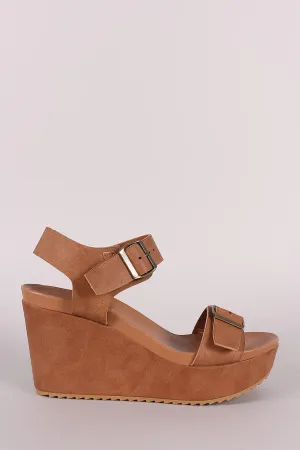 Bamboo Leather Double Buckle Open Toe Wedge