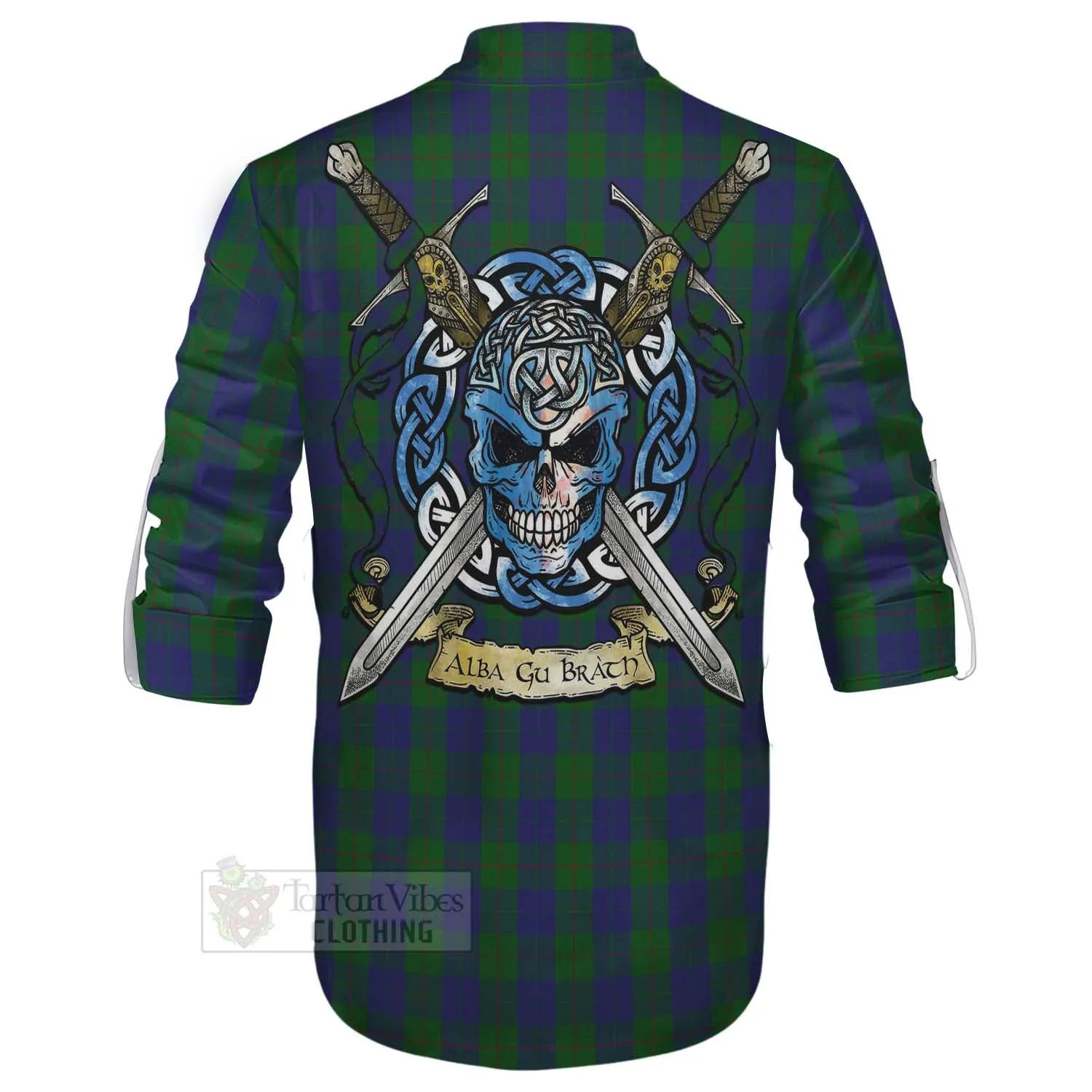 Barclay Tartan Ghillie Kilt Shirt with Family Crest Celtic Skull Style
