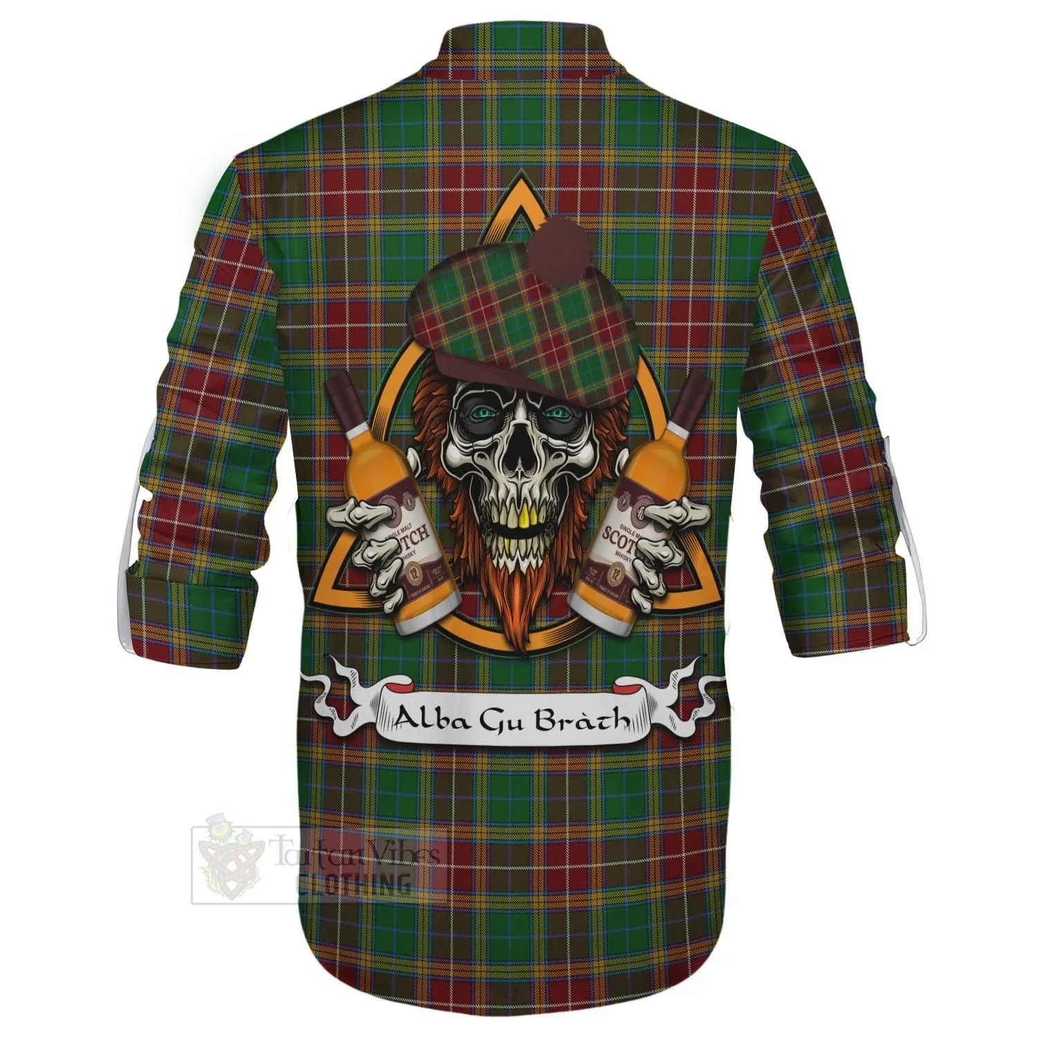 Baxter Tartan Ghillie Kilt Shirt with Family Crest and Bearded Skull Holding Bottles of Whiskey
