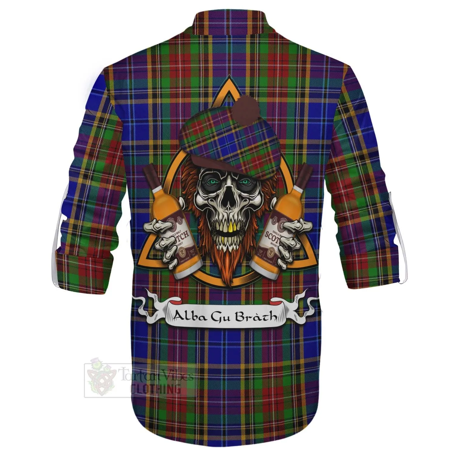 Beattie (Beatty) Tartan Ghillie Kilt Shirt with Family Crest and Bearded Skull Holding Bottles of Whiskey