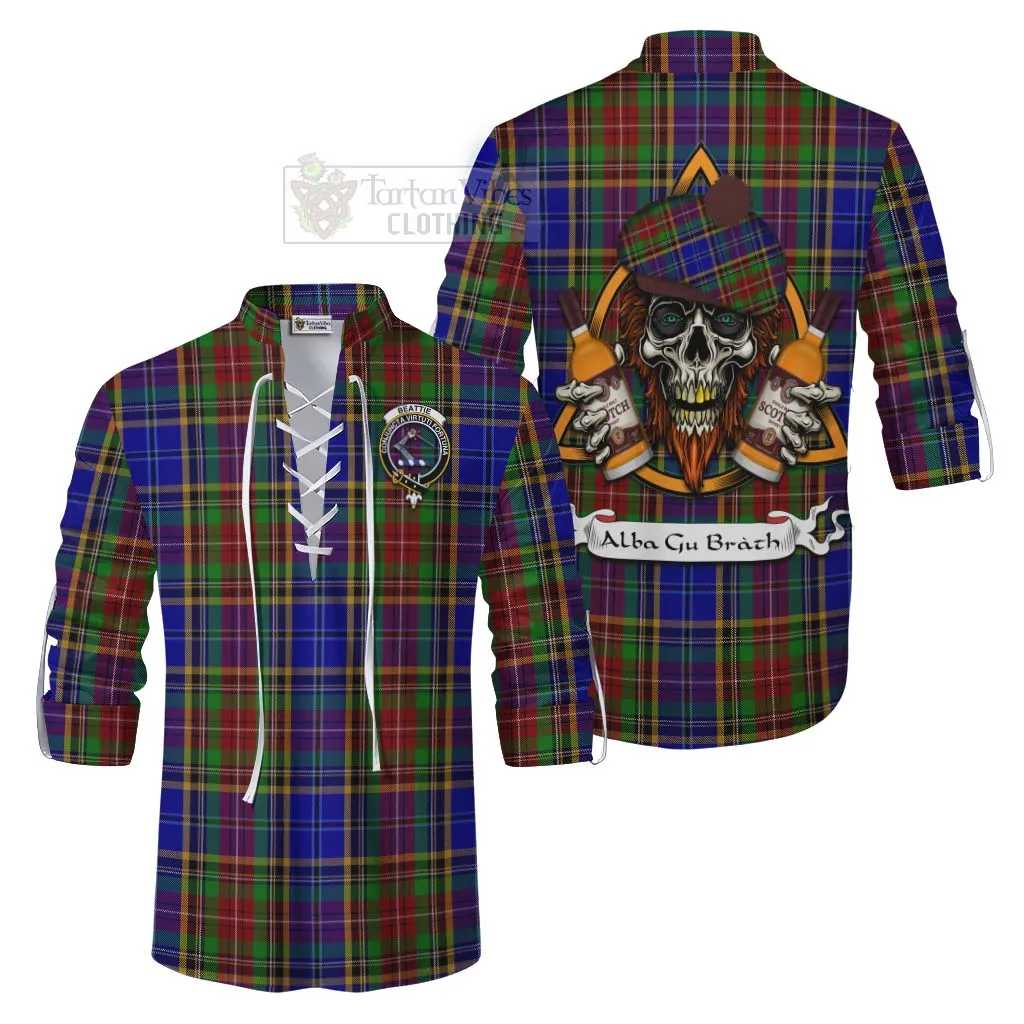Beattie (Beatty) Tartan Ghillie Kilt Shirt with Family Crest and Bearded Skull Holding Bottles of Whiskey