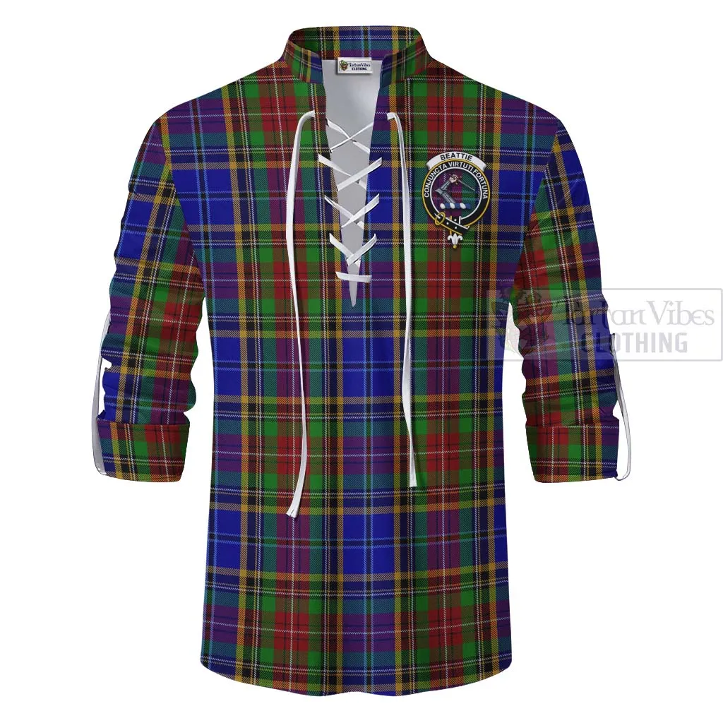 Beattie (Beatty) Tartan Ghillie Kilt Shirt with Family Crest and Bearded Skull Holding Bottles of Whiskey