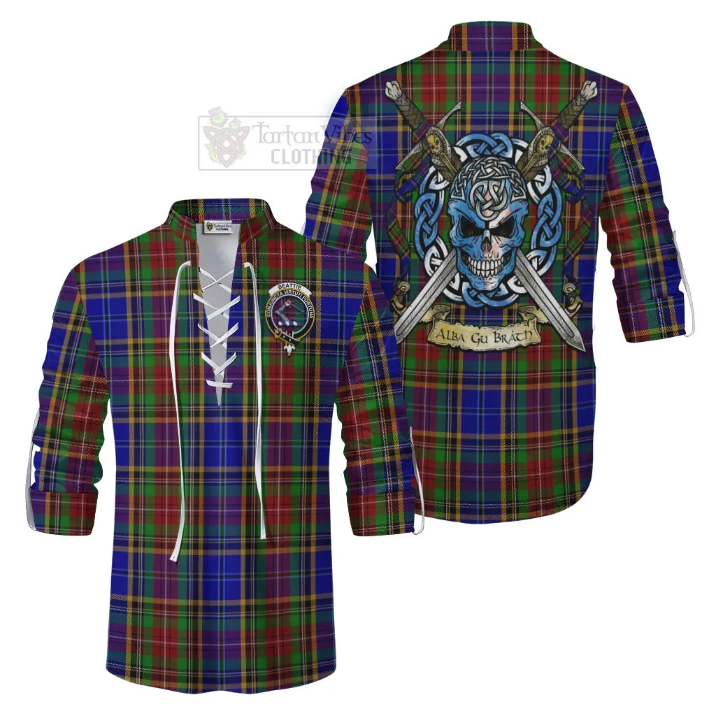 Beattie (Beatty) Tartan Ghillie Kilt Shirt with Family Crest Celtic Skull Style