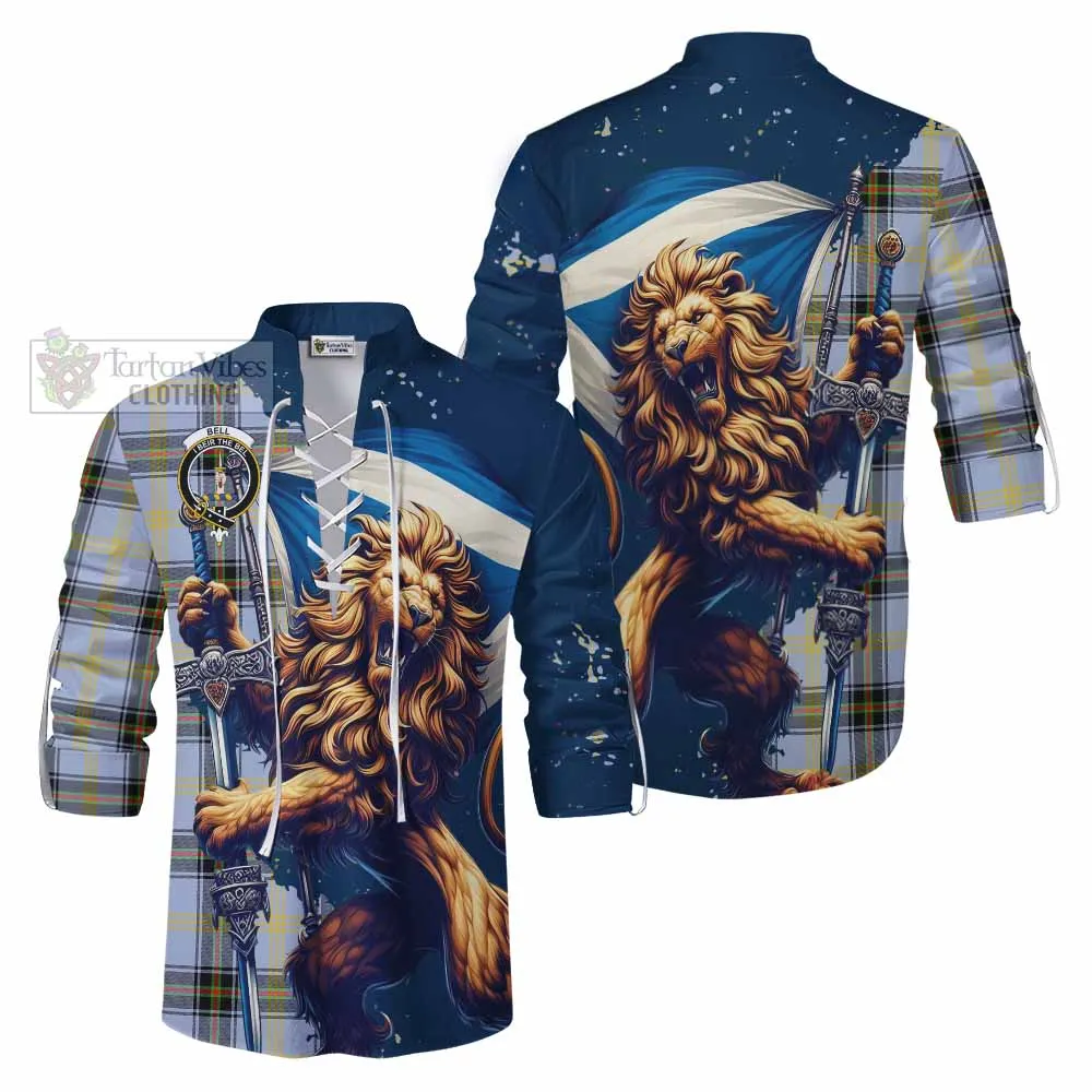 Bell Tartan Family Crest Ghillie Kilt Shirt with Scottish Majestic Lion