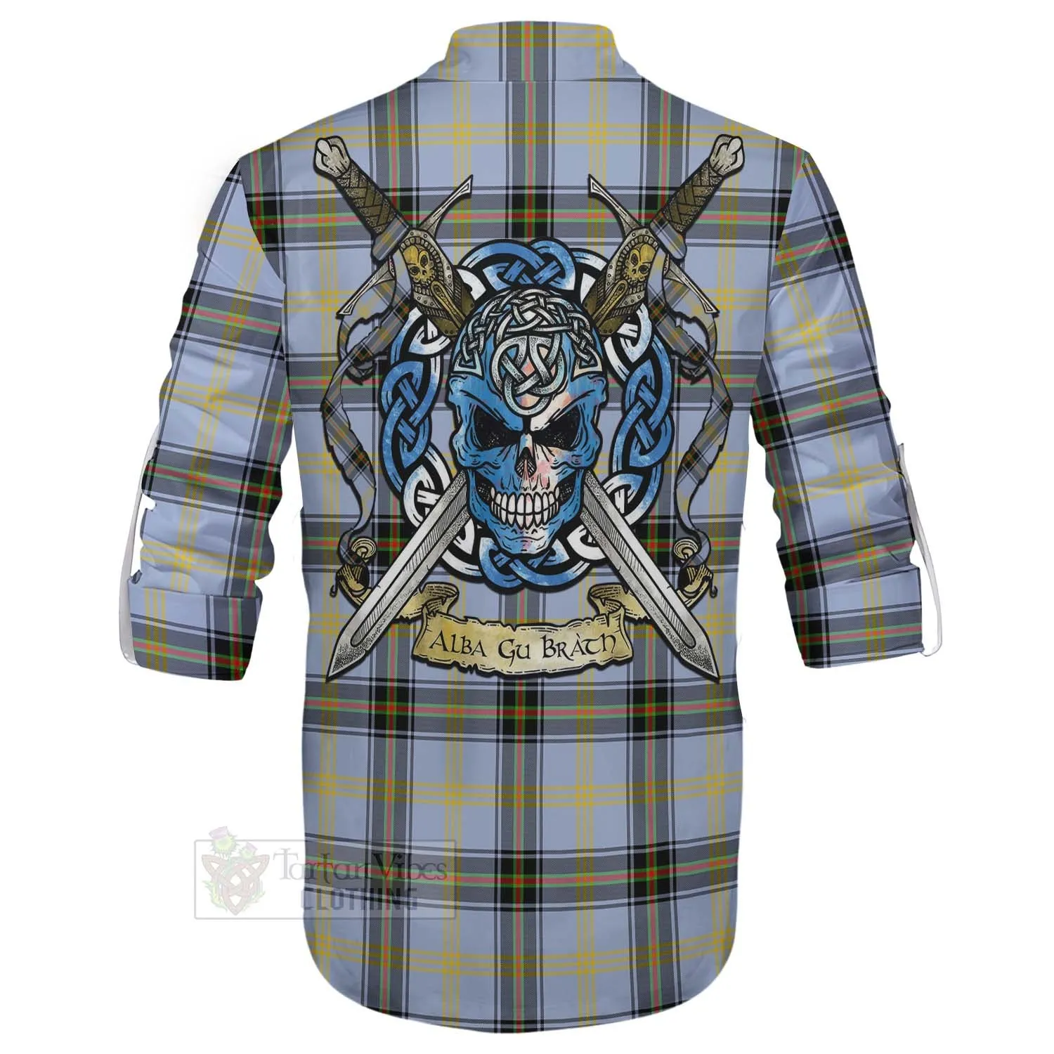 Bell Tartan Ghillie Kilt Shirt with Family Crest Celtic Skull Style