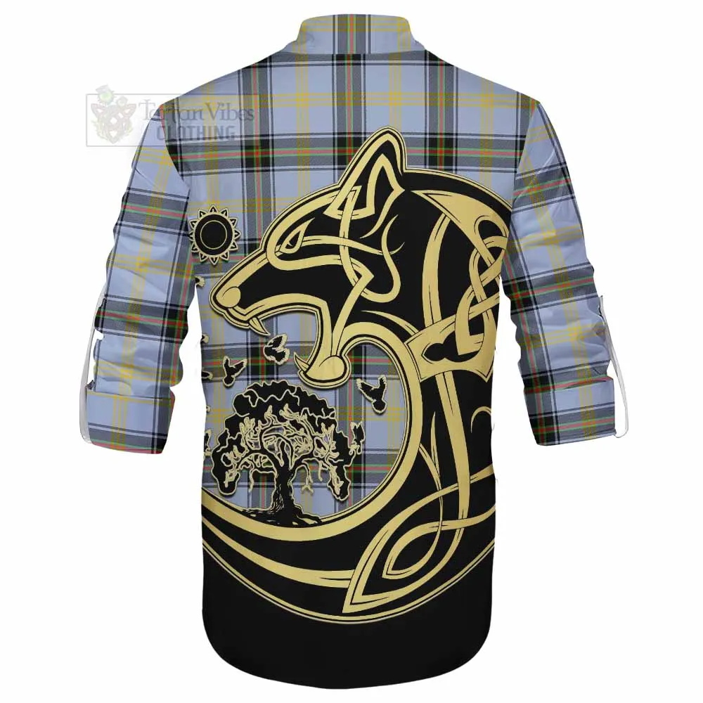 Bell Tartan Ghillie Kilt Shirt with Family Crest Celtic Wolf Style