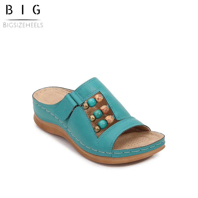 Bigsizeheels Vintage Beaded Boho Open Toe Wedge Roman Sandals