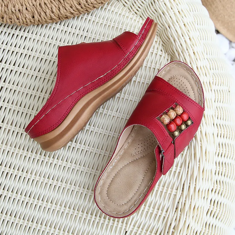 Bigsizeheels Vintage Beaded Boho Open Toe Wedge Roman Sandals