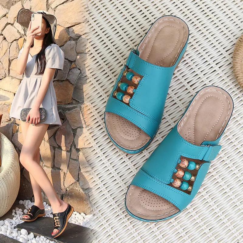 Bigsizeheels Vintage Beaded Boho Open Toe Wedge Roman Sandals
