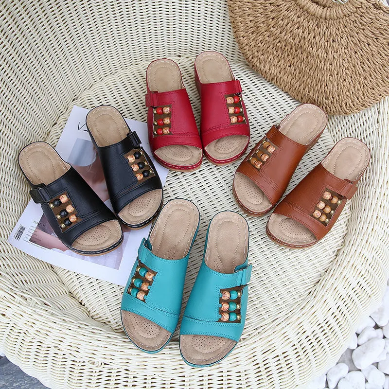 Bigsizeheels Vintage Beaded Boho Open Toe Wedge Roman Sandals