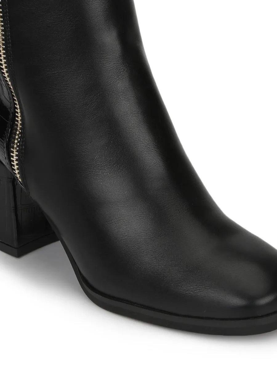 Black PU Gold Zip Block Heel Ankle Boots