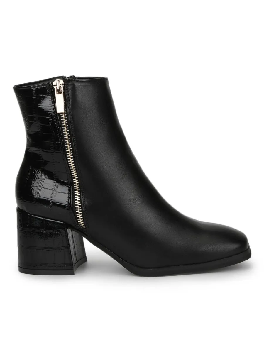Black PU Gold Zip Block Heel Ankle Boots