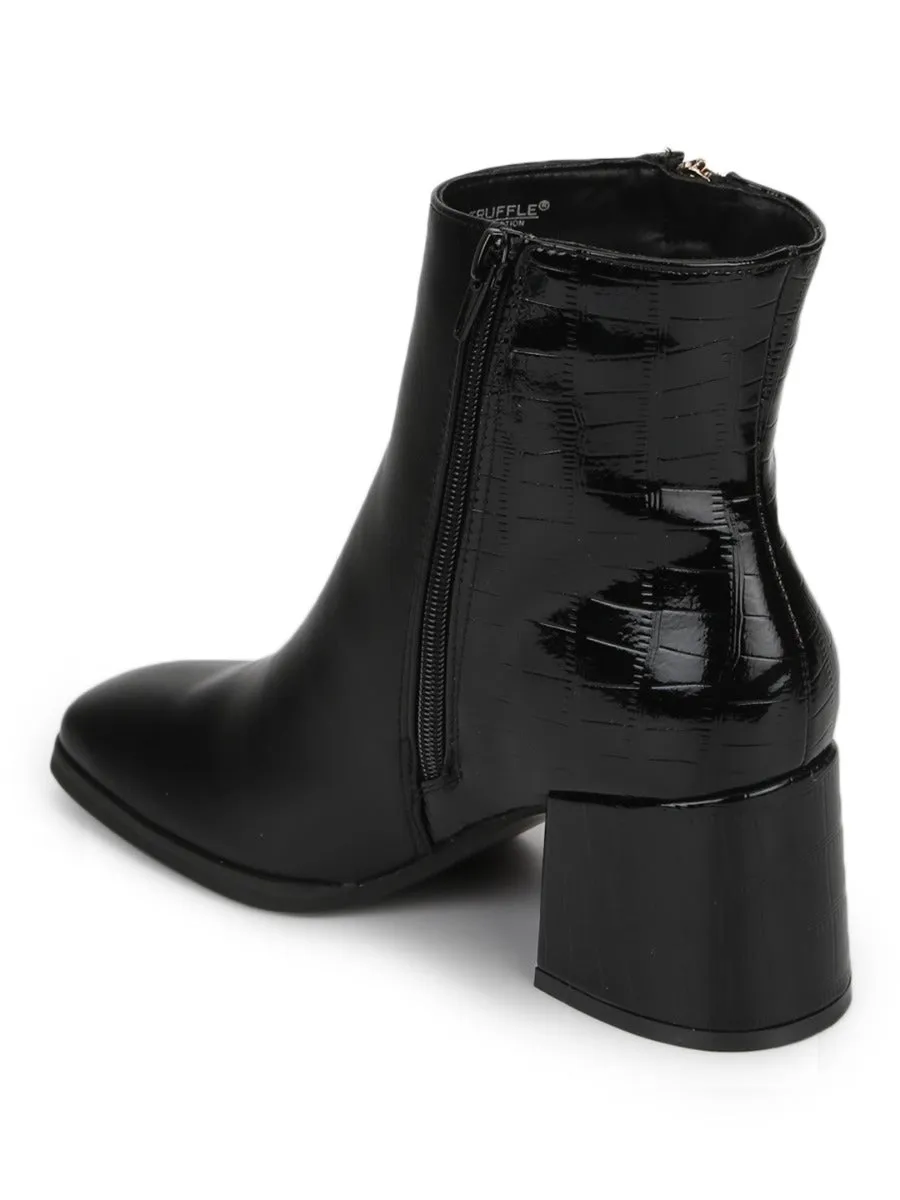 Black PU Gold Zip Block Heel Ankle Boots