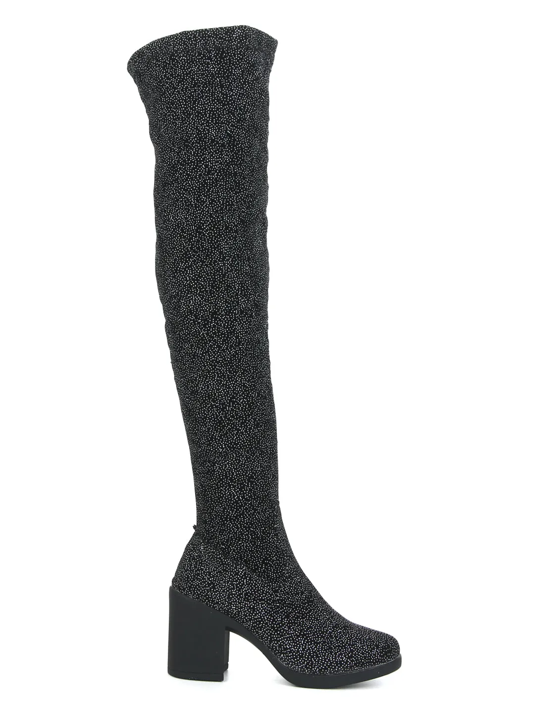 Black Silver Spot Velvet Block Heel Long Boots