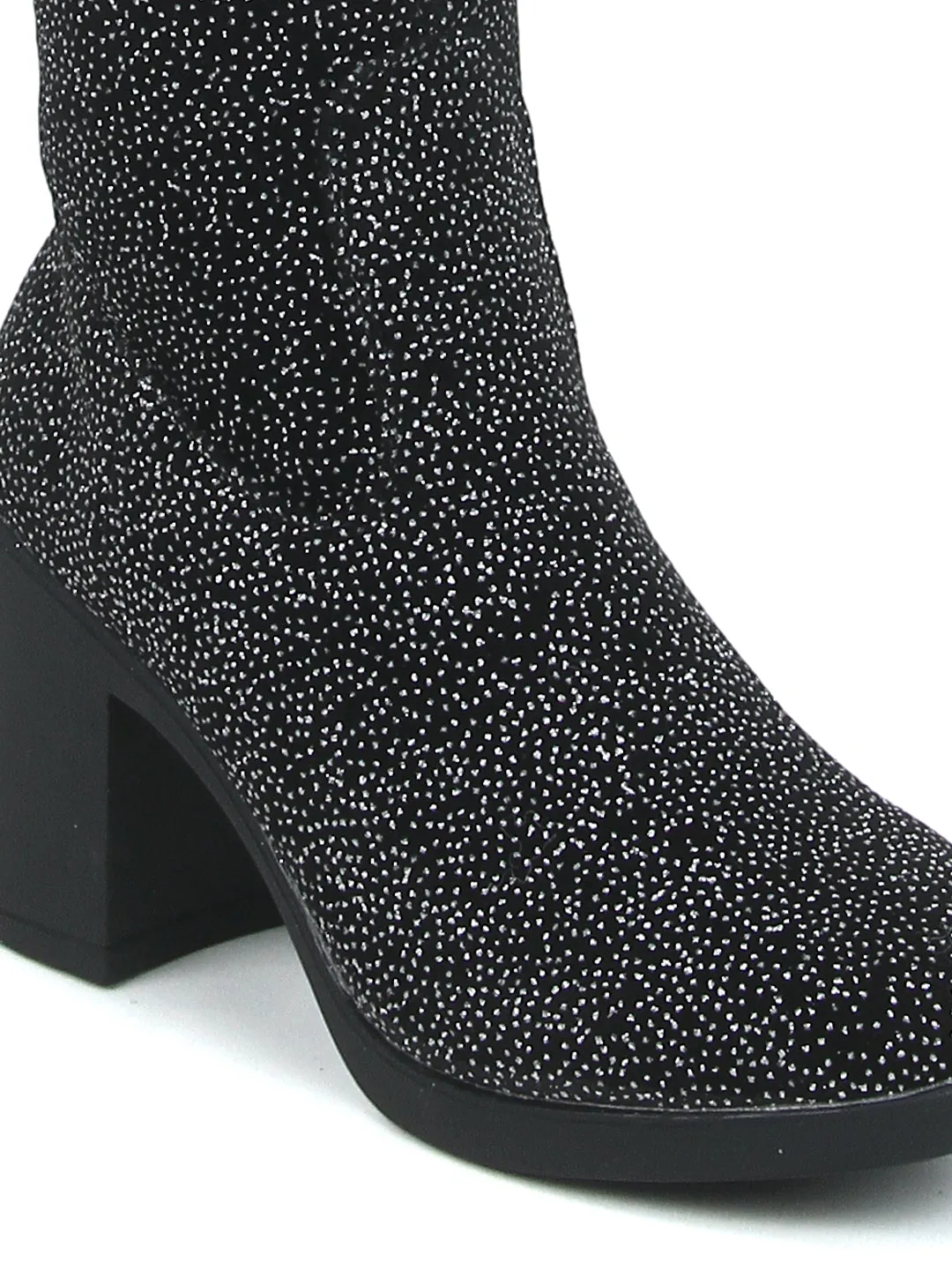 Black Silver Spot Velvet Block Heel Long Boots