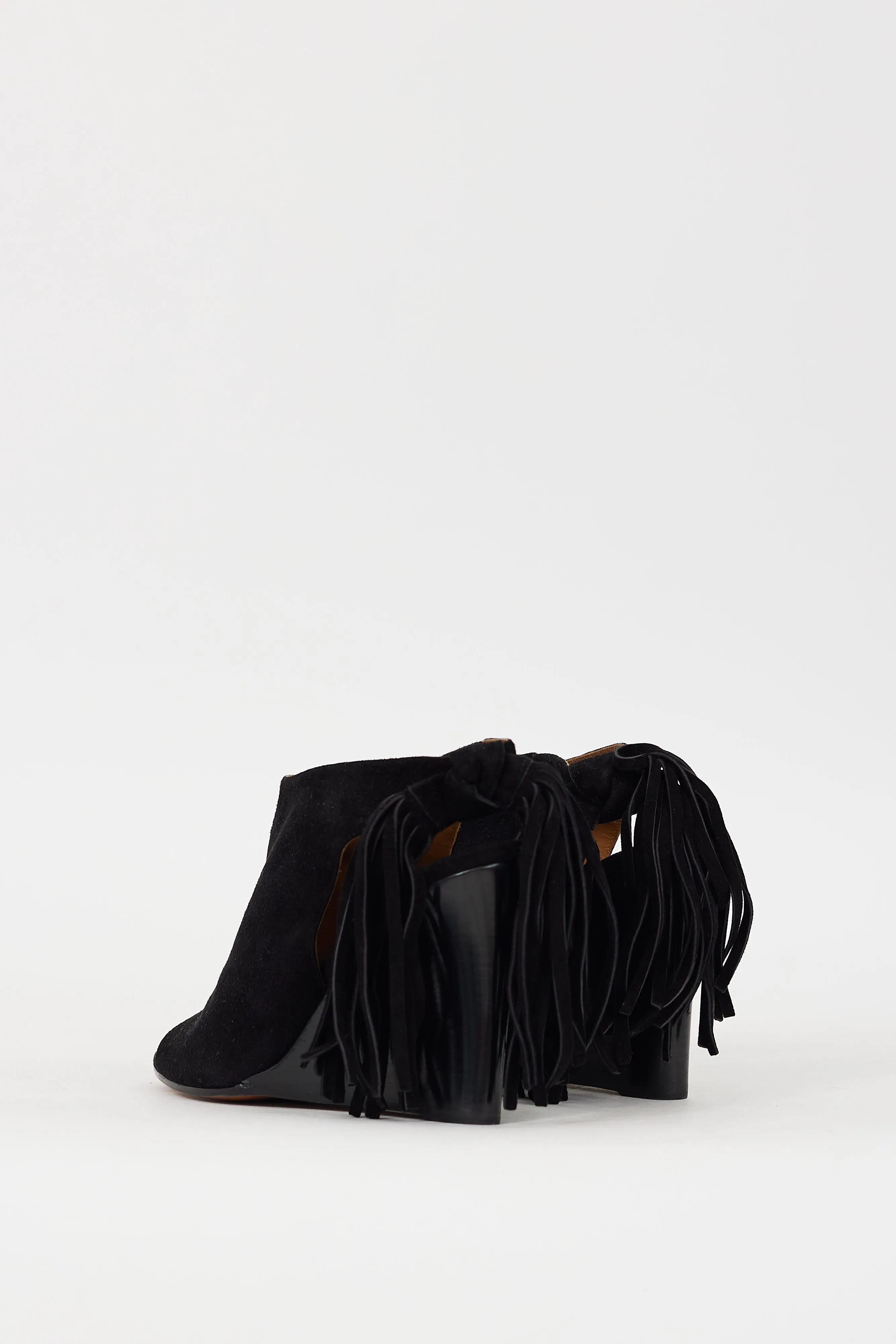 Black Suede Fringe Peep Toe Heel
