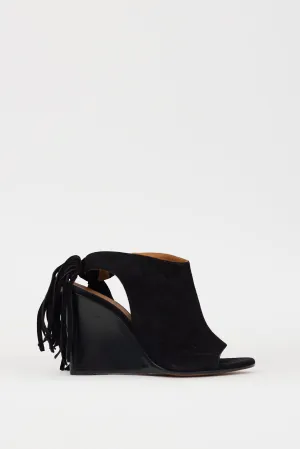 Black Suede Fringe Peep Toe Heel
