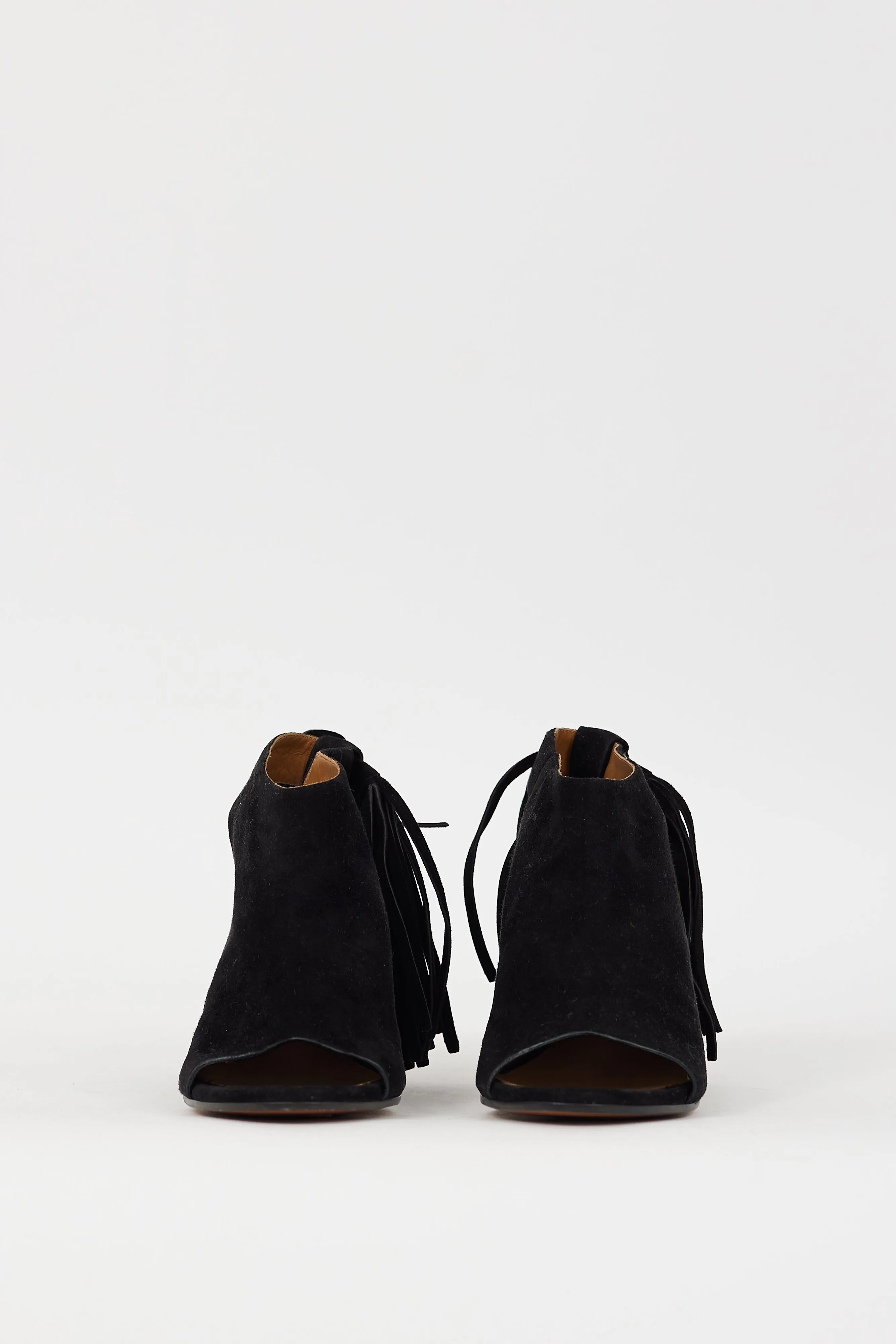 Black Suede Fringe Peep Toe Heel