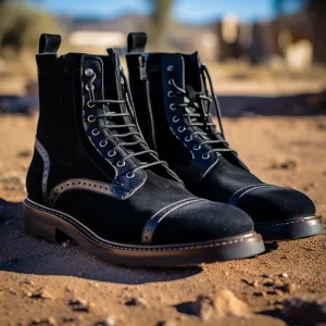 Black Suede Querida Lace Up Derby Brogue Toe Cap Boots with Zipper - AW24