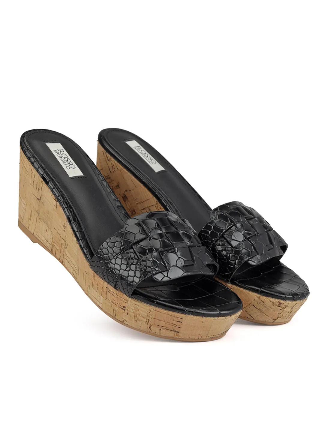 Black Textured Leather Wedges