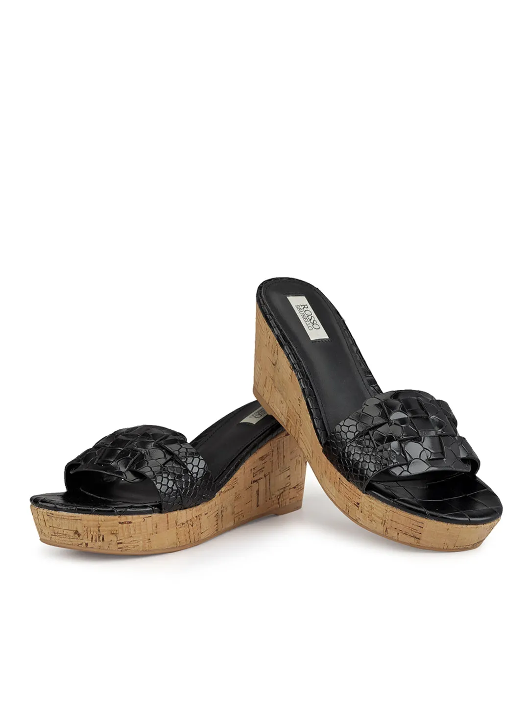 Black Textured Leather Wedges