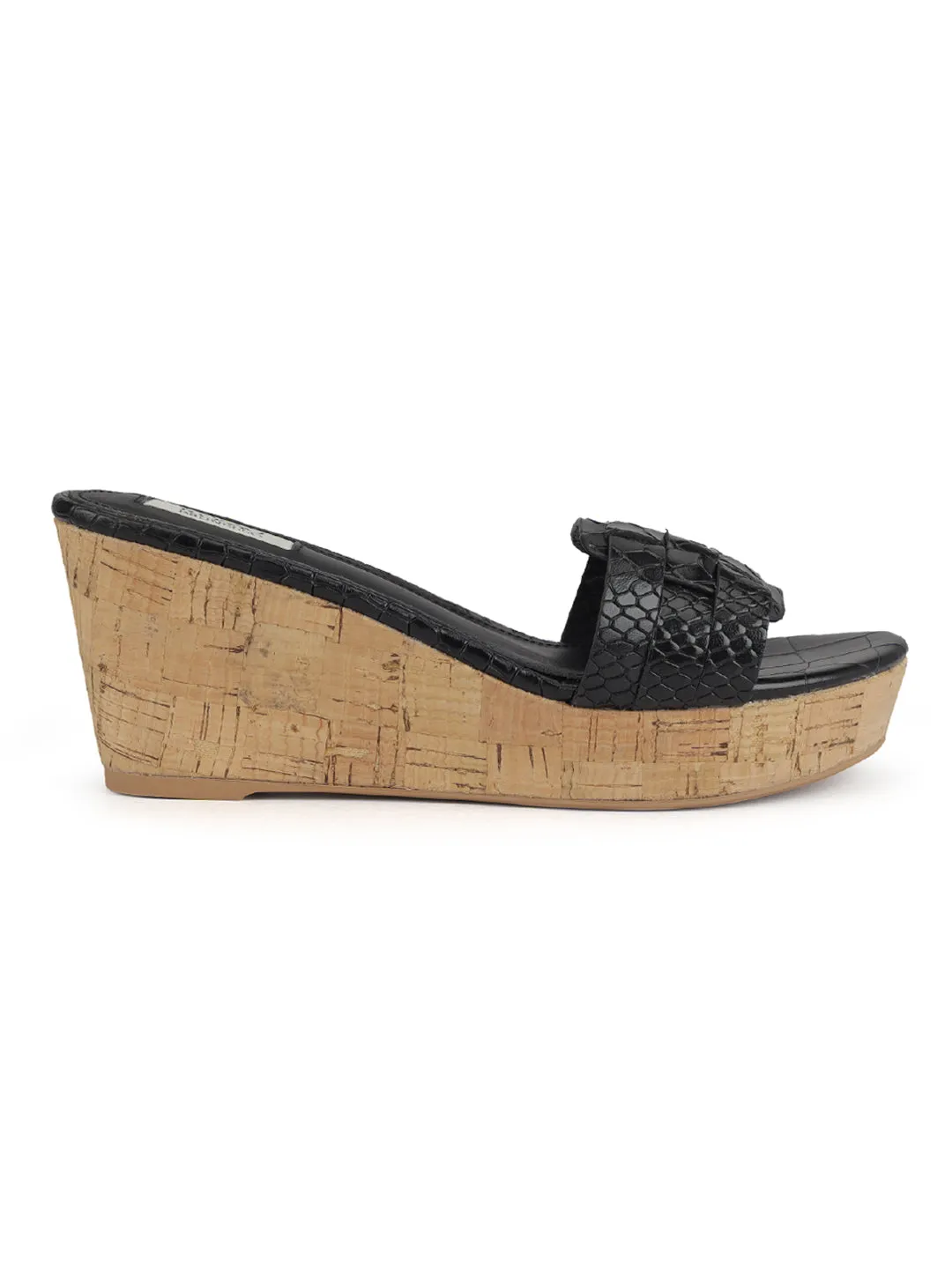 Black Textured Leather Wedges