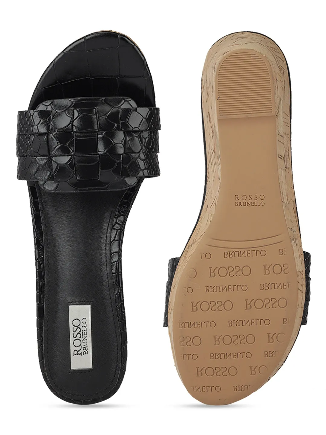 Black Textured Leather Wedges