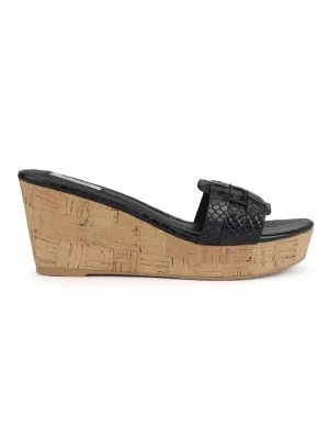 Black Textured Leather Wedges