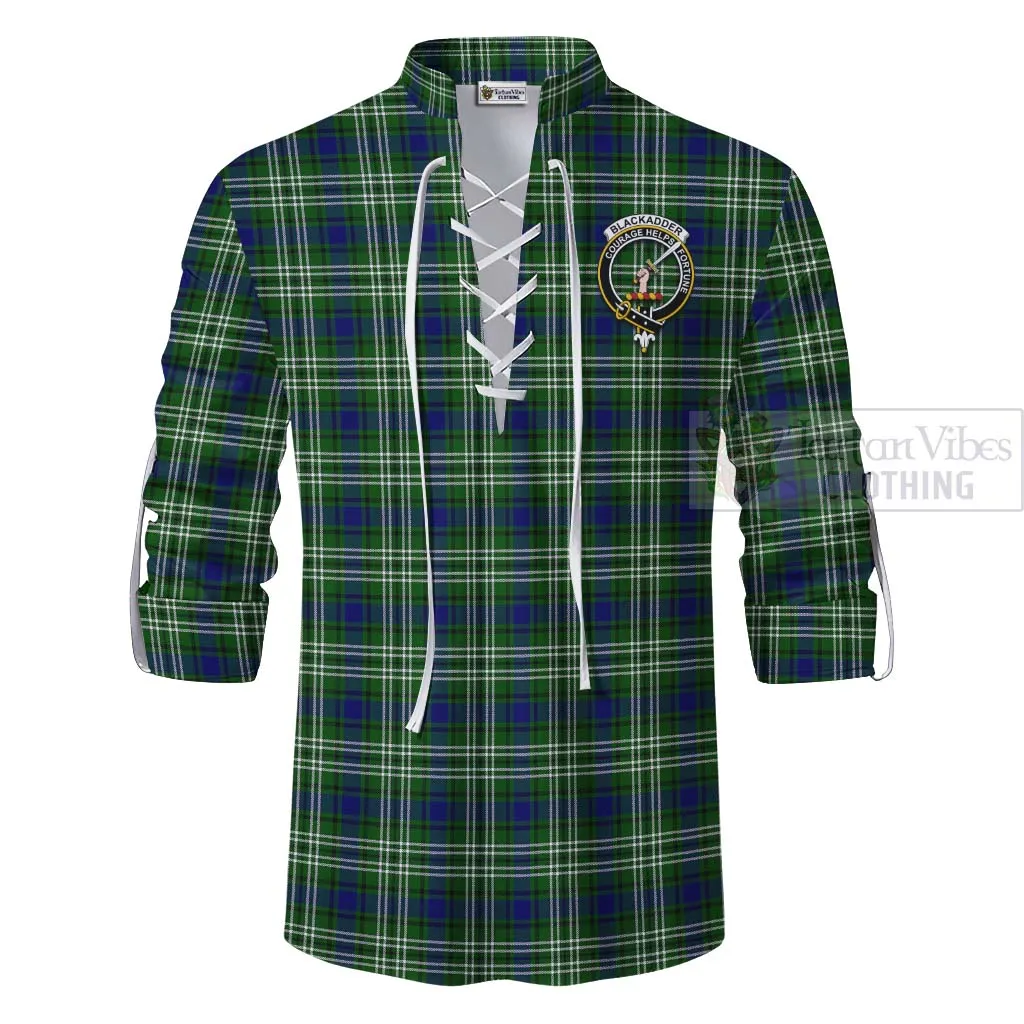 Blackadder Tartan Ghillie Kilt Shirt with Family Crest and Bearded Skull Holding Bottles of Whiskey