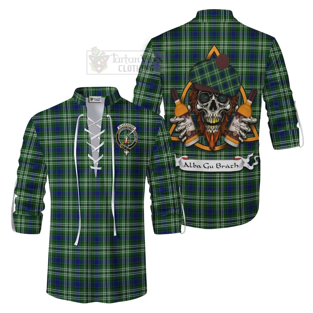 Blackadder Tartan Ghillie Kilt Shirt with Family Crest and Bearded Skull Holding Bottles of Whiskey