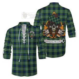 Blackadder Tartan Ghillie Kilt Shirt with Family Crest and Bearded Skull Holding Bottles of Whiskey