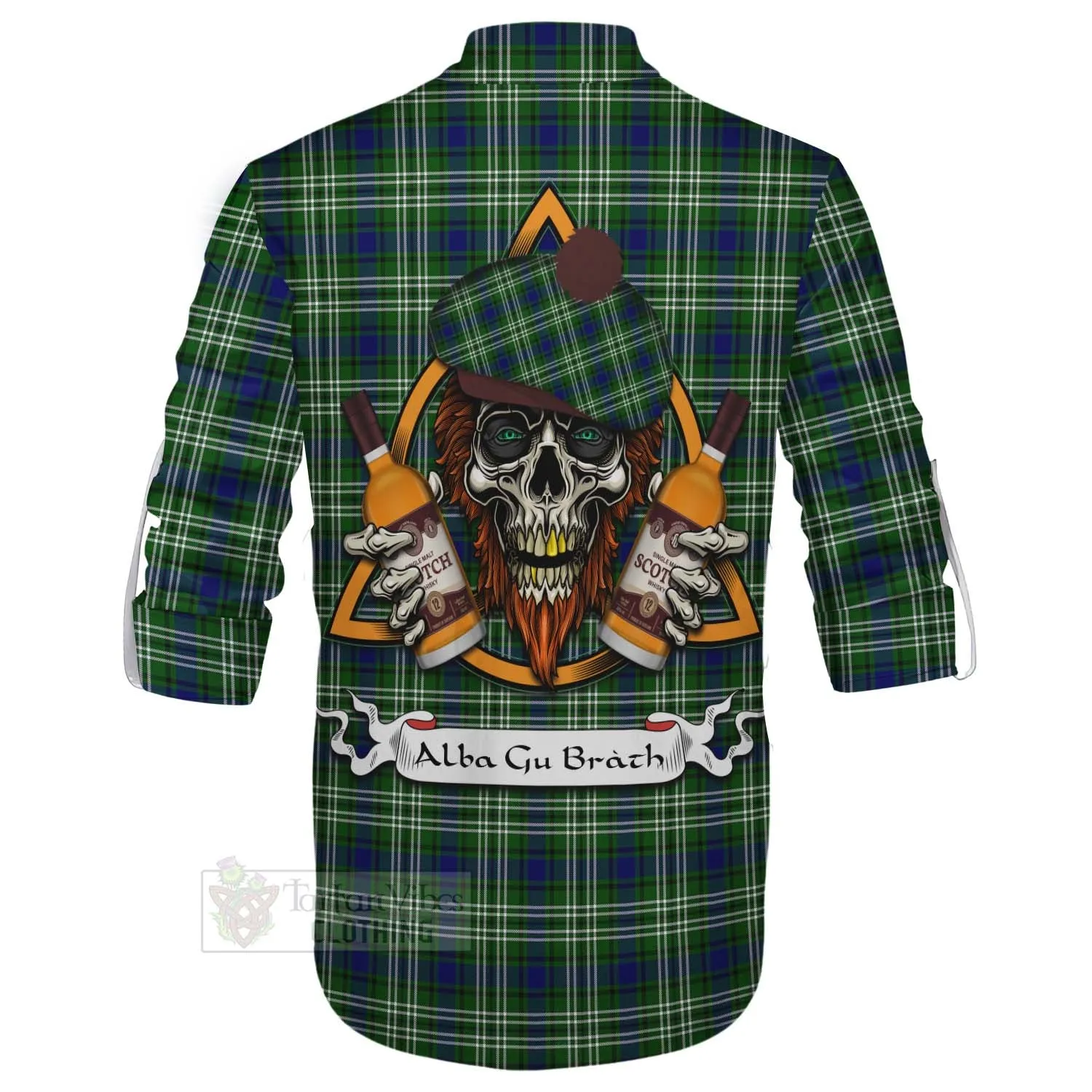Blackadder Tartan Ghillie Kilt Shirt with Family Crest and Bearded Skull Holding Bottles of Whiskey