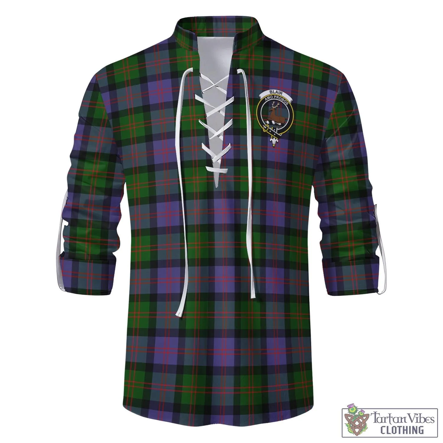 Blair Modern Tartan Men's Scottish Traditional Jacobite Ghillie Kilt Shirt with Family Crest