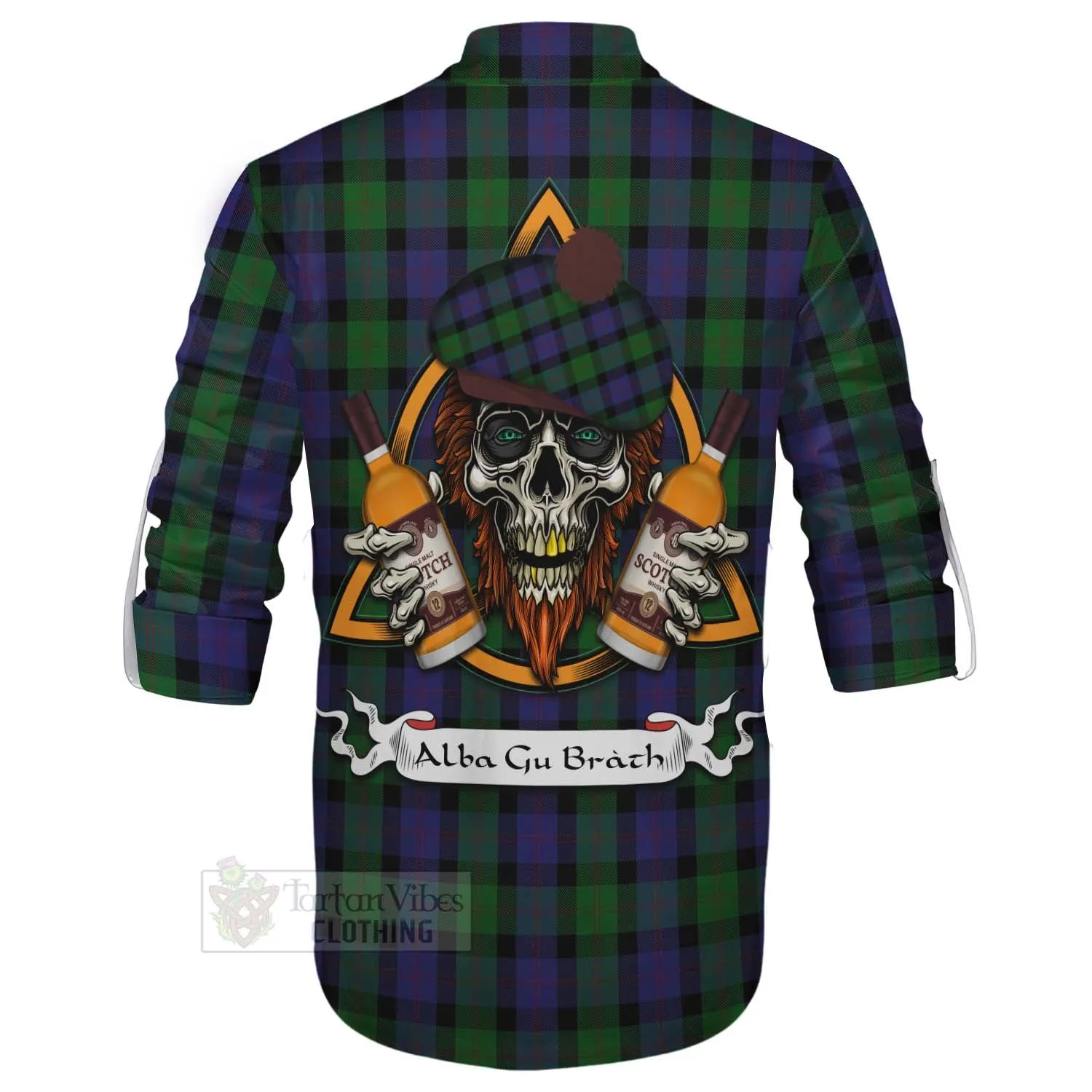 Blair Tartan Ghillie Kilt Shirt with Family Crest and Bearded Skull Holding Bottles of Whiskey
