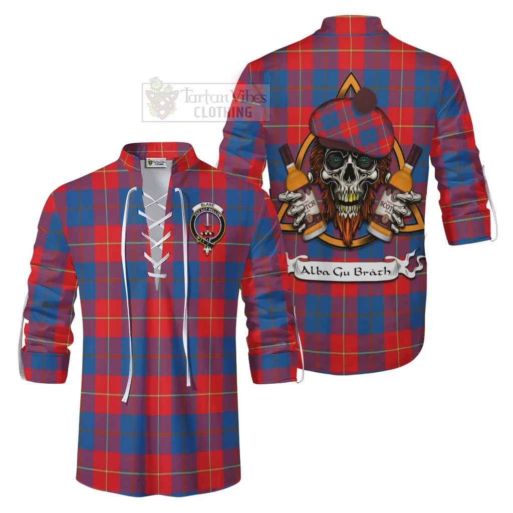 Blane Tartan Ghillie Kilt Shirt with Family Crest and Bearded Skull Holding Bottles of Whiskey
